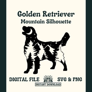 Golden Retriever Hund Silhouette mit Bergen SVG Schnitt Datei und PNG-Datei für Cricut oder Silhouette - Digitale Datei