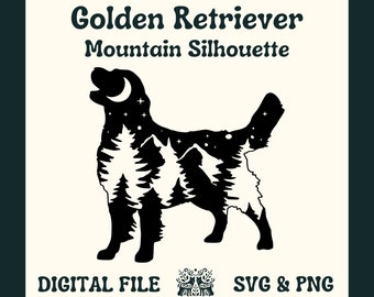 Golden Retriever Hund Silhouette mit Bergen SVG Schnitt Datei und PNG-Datei für Cricut oder Silhouette - Digitale Datei