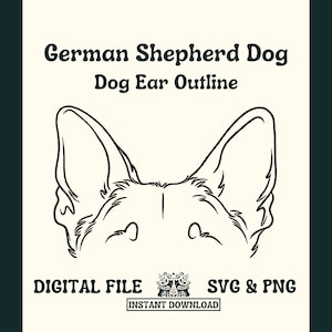 Könnte beinhalten: Schwarz-weiß-Linienzeichnung der Ohren eines Deutschen Schäferhundes. Das Gesicht des Hundes ist nicht sichtbar, nur die Ohren sind dargestellt.