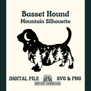 Basset Hound Dog Silhouette mit Bergen SVG Schnitt Datei und PNG-Datei für Cricut oder Silhouette - Digitale Datei