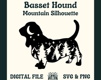 Basset Hound Dog Silhouette mit Bergen SVG geschnittene Datei und PNG-Datei für Cricut oder Silhouette -- Digital File