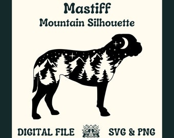 May include: Black silhouette of a Mastiff dog with a mountain landscape inside the silhouette. The text "Mastiff Mountain Silhouette" is above the image. The text "DIGITAL FILE INSTANT DOWNLOAD SVG & PNG" is below the image.
