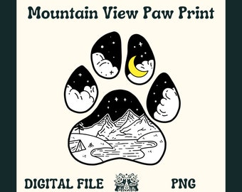 May include: Black and white paw print design with a mountain scene inside. The paw print has a crescent moon and stars in the top two sections. The mountain scene includes a lake, a tent, and mountains.
