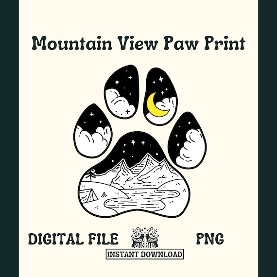 Dog Paw Print Silhouette with Mountains PNG File / Digital Sticker -- Digital File