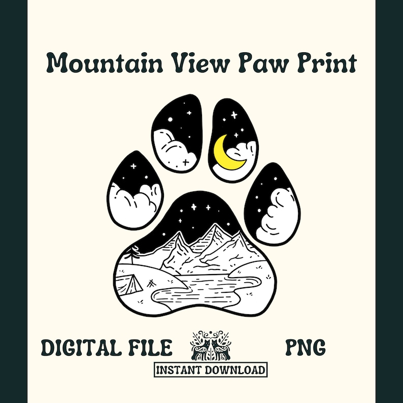 May include: Black and white paw print design with a mountain scene inside. The paw print has a crescent moon and stars in the top two sections. The mountain scene includes a lake, a tent, and mountains.