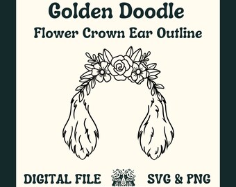 Golden Doodle Dog Ear Outline with Flower Crown SVG Cut File and PNG File for Cricut or Silhouette -- Digital File