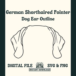 Peut inclure: Un dessin au trait noir et blanc des oreilles d'un Braque allemand à poil court. L'image est intitulée "German Shorthaired Pointer Dog Ear Outline".