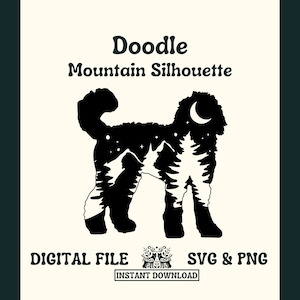 Doodle Hund Silhouette mit Bergen SVG Schnitt Datei und PNG Datei für Cricut oder Silhouette - Digitale Datei