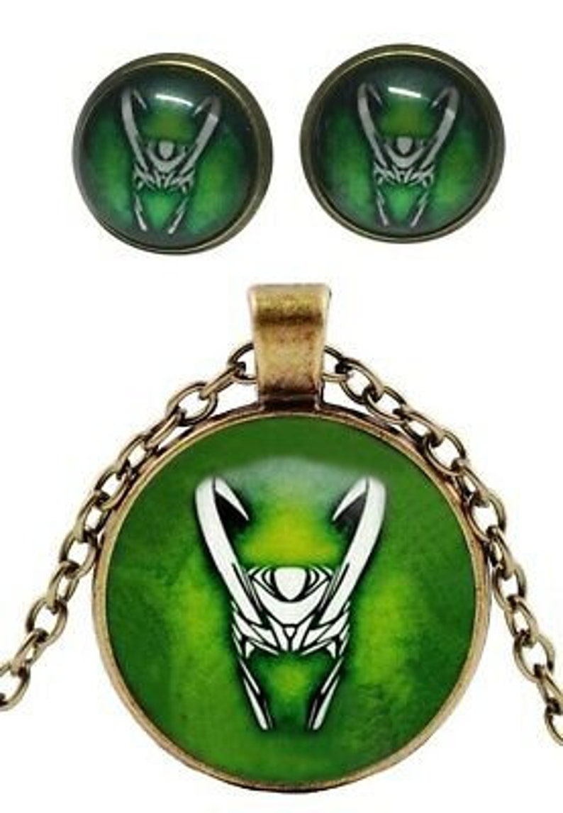 Loki Helmet Glass Domed Metal Pendant Necklace And Stud Earrings Set