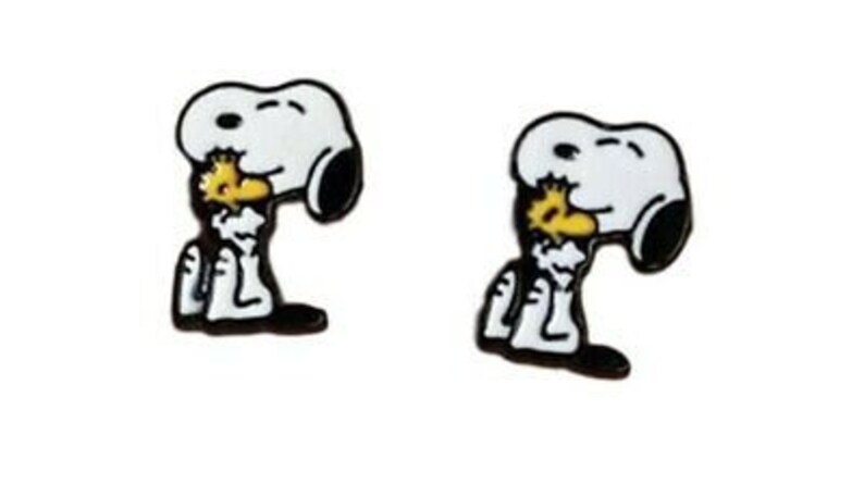 Snoopy Holding Woodstock Metal Enamel Stud Earrings