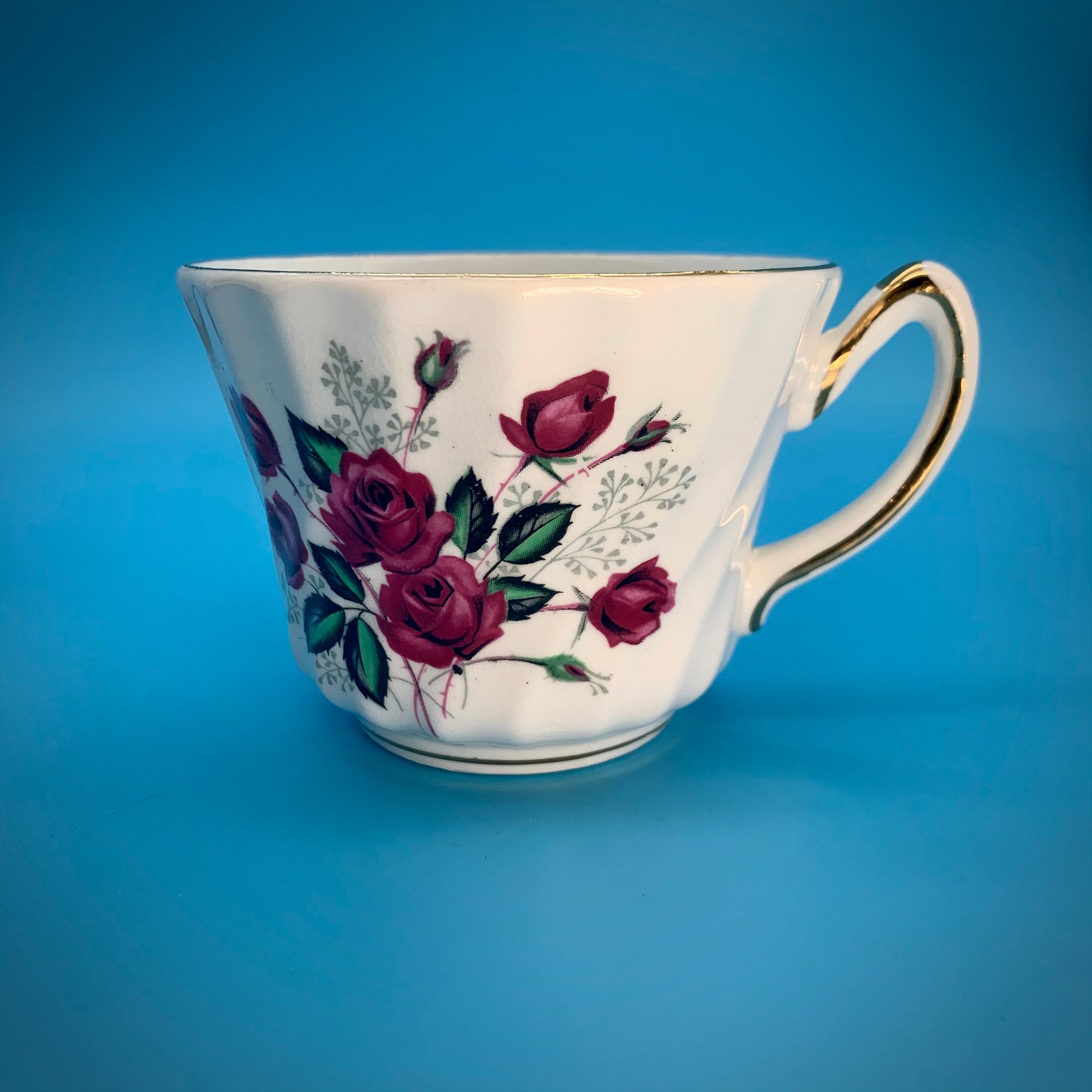 Delphine Bone China Teacup and Saucer With Pink Rose Design, Made in