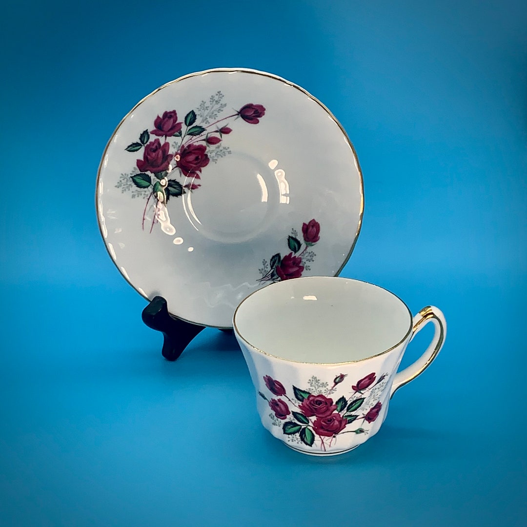 Delphine Bone China Teacup and Saucer With Pink Rose Design, Made in