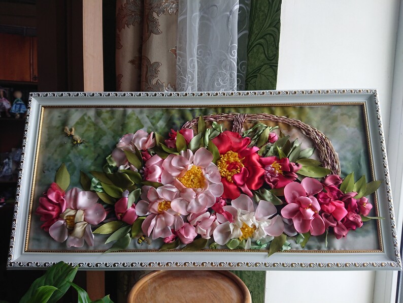 3D Framework Embroidered ribbons picture Wall decor Fiberart Wall hanging Ribbon Work Flowers Peonies Floral Painting
