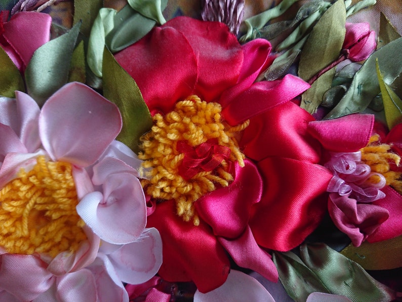 3D Framework Embroidered ribbons picture Wall decor Fiberart Wall hanging Ribbon Work Flowers Peonies Floral Painting