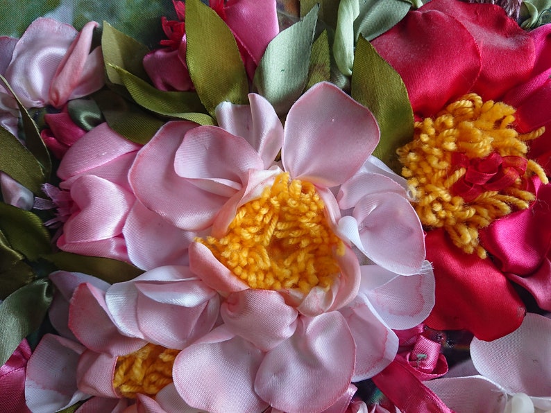 3D Framework Embroidered ribbons picture Wall decor Fiberart Wall hanging Ribbon Work Flowers Peonies Floral Painting