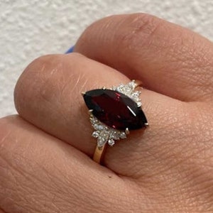 Vintage Gold Marquise Cut Garnet Engagement Ring: Diamond Cluster Promise Ring