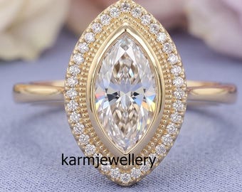 Vintage ring met marquise geslepen diamant en halo, verlovingsring met moissanite diamant in een chatonzetting, trouwring met ronde diamant, jubileumcadeau