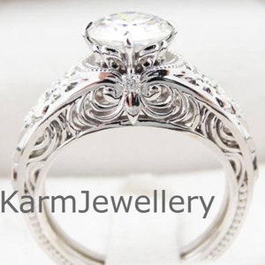Round Cut Moissanite Diamond Ring, Solitaire Accent Engagement Ring, Christmas Gift Ring, Filigree Style Ring, Anniversary Gift for Wife