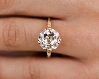 3 Ct Old European Cut Round Moissanite Engagement Ring, 14K Yellow Gold, Prong Set Art Deco Ring, Milgrain Set, Wedding Ring, Gift For Her