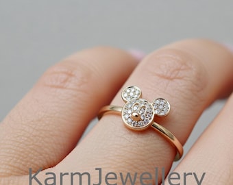 Disney Mouse Ring, Mickey Party Wear Rings, Round Cut Moissanite Wedding Ring, Bezel Set Birthday Gift For Her, Yellow Gold Diamond Rings
