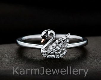 14K White Gold Swan Ring: Round Moissanite Bird Ring