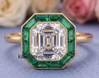 Vintage Art Deco Ring, Asscher Cut & Green Baguette Cut Diamond Wedding Ring, Octagon Halo Engagement Ring, Milgrain Bezel Set Ring