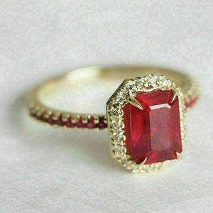 Vintage Style Emerald Cut Engagement Ring, Red Ruby Diamond Halo Bridal Ring, July Birthstone, 14K Yellow Gold Ring, Handmade Jewelry