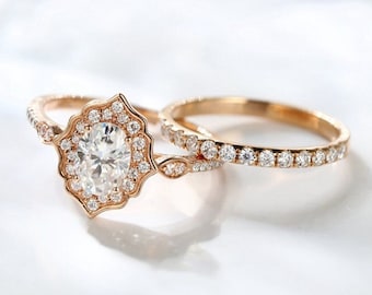Wedding Bridal Set, Oval Halo Vintage Designer Wedding Ring, Half Eternity Valentine Band, 1.5 Ct Oval Moissanite Rose Gold Art Deco Ring
