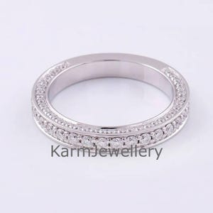 Round Cut Moissanite Wedding Band, Half Eternity Band, 14K Gold Three Sided Pave Set Ring For Women, Stackable Band, Anniversary gift, Sale