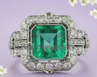 Vintage Emerald Engagement Ring Art Deco Emerald Ring Emerald Cut Green Gemstone Ring Antique Halo Wedding Ring Anniversary Christmas Gift