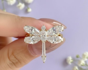 Vintage Style Dragonfly Cocktail Ring, Art Nouveau Dragonfly Ring | Sparkly Large Diamond Insect Jewelry | Wedding Guest Statement Ring