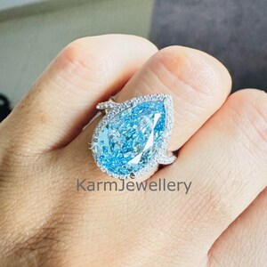 Aquamarine Ring, Pear Cut 14k White Gold Diamond Ring by KarmJewellery, Pear Cut Aquamarine Ring with Diamond Halo Ring, Gold Ring For Women