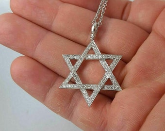 Round Cut Moissanite Diamonds Jewish Star Of David, White Gold Necklace, 14K White Gold Pendant, Diamond Star Of David, Star Gold Necklace