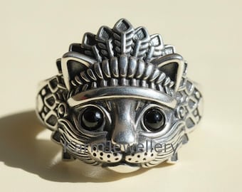 Anillo vintage de gatito negro: joyería gótica ajustable con cara de gato.