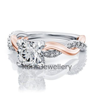Petite Twist Moissanite Engagement Ring, Round Unique Sustainable Ring for Women, Two Tone Gold Twisted Vine Ring, Promise Christmas Gifts
