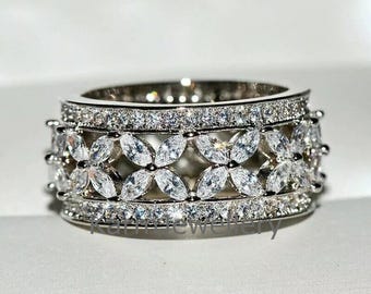 Marquise And Round Full Eternity Band, Wide Moissanite Wedding Bands Women, Floral Style Anniversary Ring, 925 Sterling Silver Thick Band