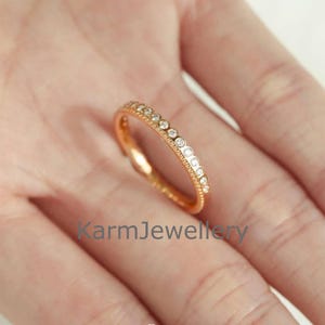 Diamond Bezel Set Eternity Bands, 14k Wedding Band for Her, Eternity Ring, Thin Diamond Band with Yellow Gold Ring for Wife, Art Deco Band