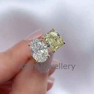 Toi Et Moi Ring, Two Stone Engagement Ring, Oval Cut & Cushion Cut Moissanite Engagement Ring,Cannary Yellow Cushion Cut Ring, Handmade Ring