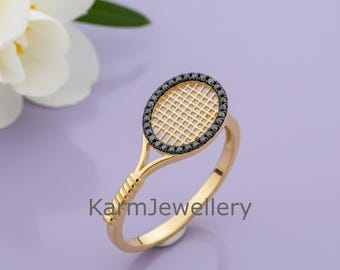 Anel de jogador de tênis em ouro maciço 14K, anel de raquete de tênis, presente para clube de tênis, presente personalizado para treinador de tênis, anel personalizado de ouro com diamante negro
