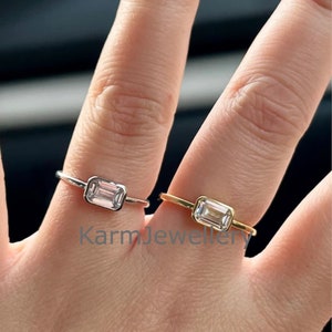Emerald Cut Bezel Set Wedding Ring, Emerald Cut East to West Ring, Solitaire Engagement Ring, 4*6 mm Emerald Cut Moissanite Anniversary Ring
