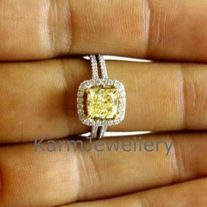Halo Engagement Ring, Canary Yellow Cushion Diamond Ring, Yellow Cushion Cut Diamond Wedding Ring, Split Shank Ring In 14K Solid White Gold