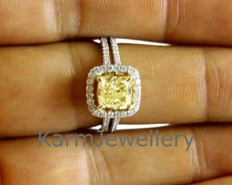 Canary Yellow Cushion Diamond Halo Engagement Ring, 14K White Gold Split Shank