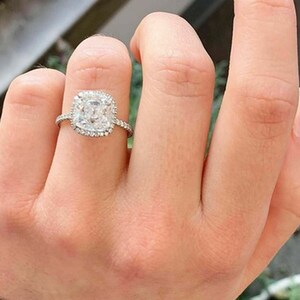 2 Ct Cushion Cut Moissanite Engagement Ring, Round Hidden Halo Ring, 14k White Gold Full Accent Shank Ring, Gifts for Her, Rings For Women image 7