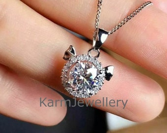 7 mm Round Cut Moissanite Halo Micky Style Elegant Necklace 14K White Gold, Mickey Mouse Pendant Disney World Jewelry, Diamond Kid's Pendant