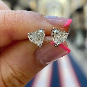 Heart Cut Moissanite Stud Earring, 5 mm Heart Cut Unique Earring, Regular V Prong, Wedding Gift, Solid White Gold,Anniversary Gift For Wife