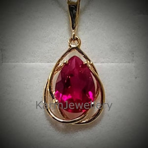 Pink Pear Cut Diamond Pendant, 14Kt Gold Ruby Necklace, Ruby Pendant, Ruby Teardrop Necklace, July Birthstone Necklace Independence Day Sale
