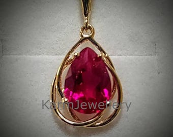 Pink Pear Cut Simulated Diamond Pendant: 14Kt Gold Ruby Necklace