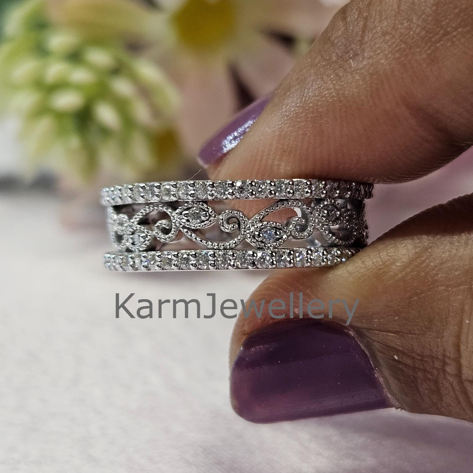 Vintage Filigree Wedding Band, Antique Art Deco Anniversary Rings For Women, Unique Milgrain Wide Band, Silver Moissanite Engagement Band