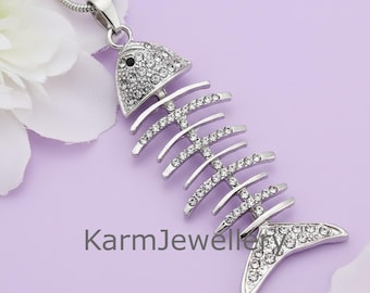 Moissanite Fish Bone Pendant, Lucky Sea Life Charm