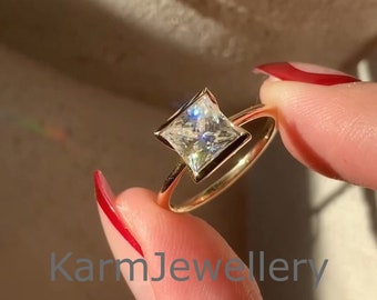 Princess Cut Moissanite Engagement Ring: Yellow Gold Half Bezel Solitaire